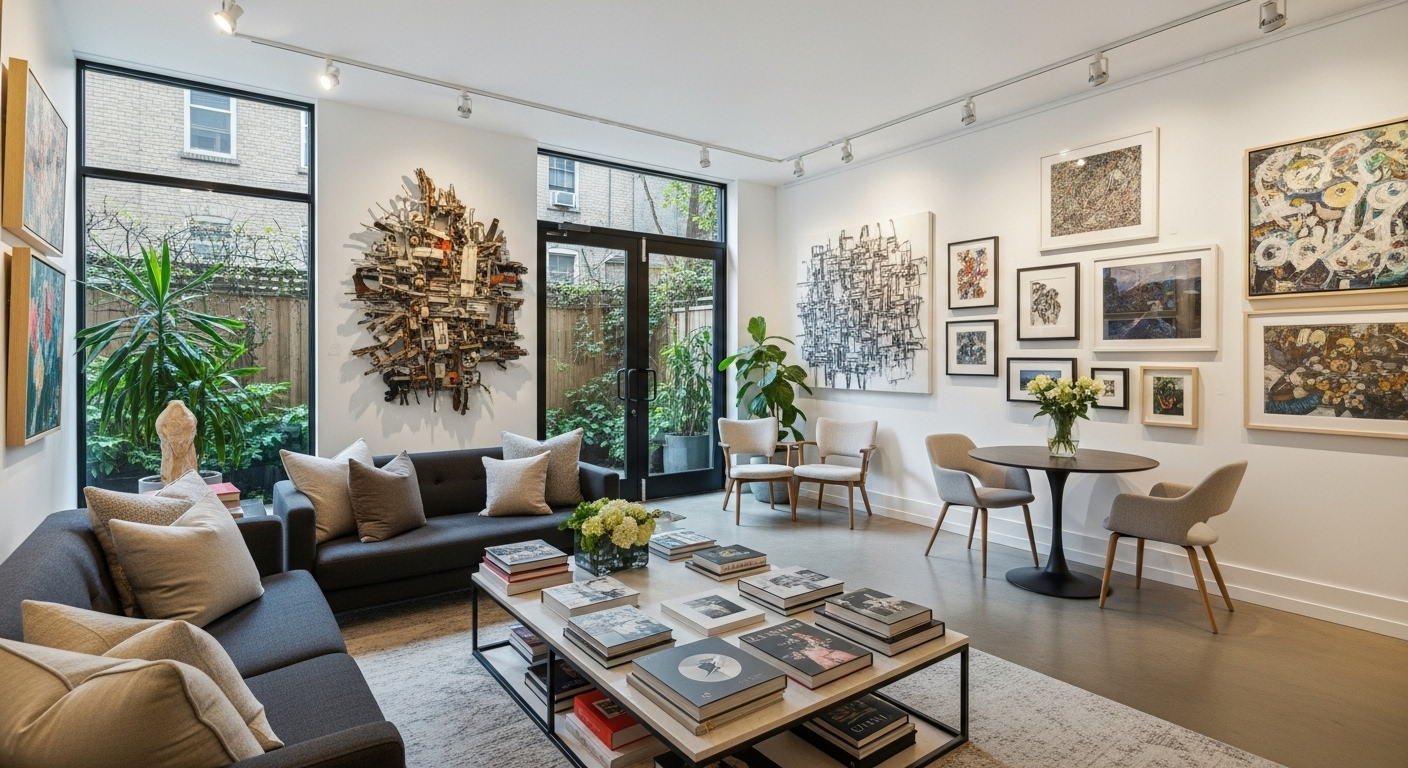 Modern art studio consultation space with comfortable seating