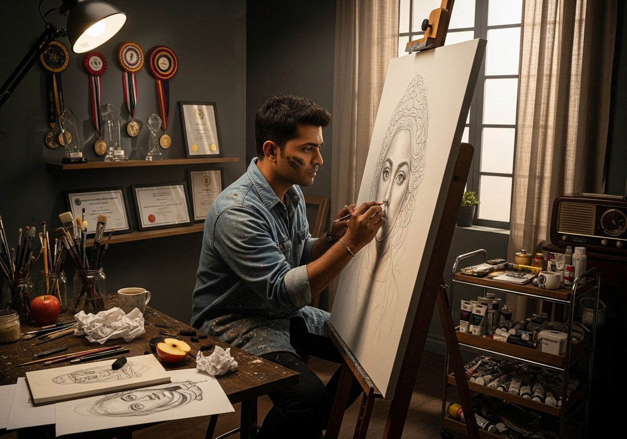 Artist Yaswanth working in his professional studio