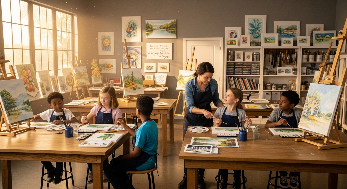 Children learning art in a warm, inspiring classroom environment