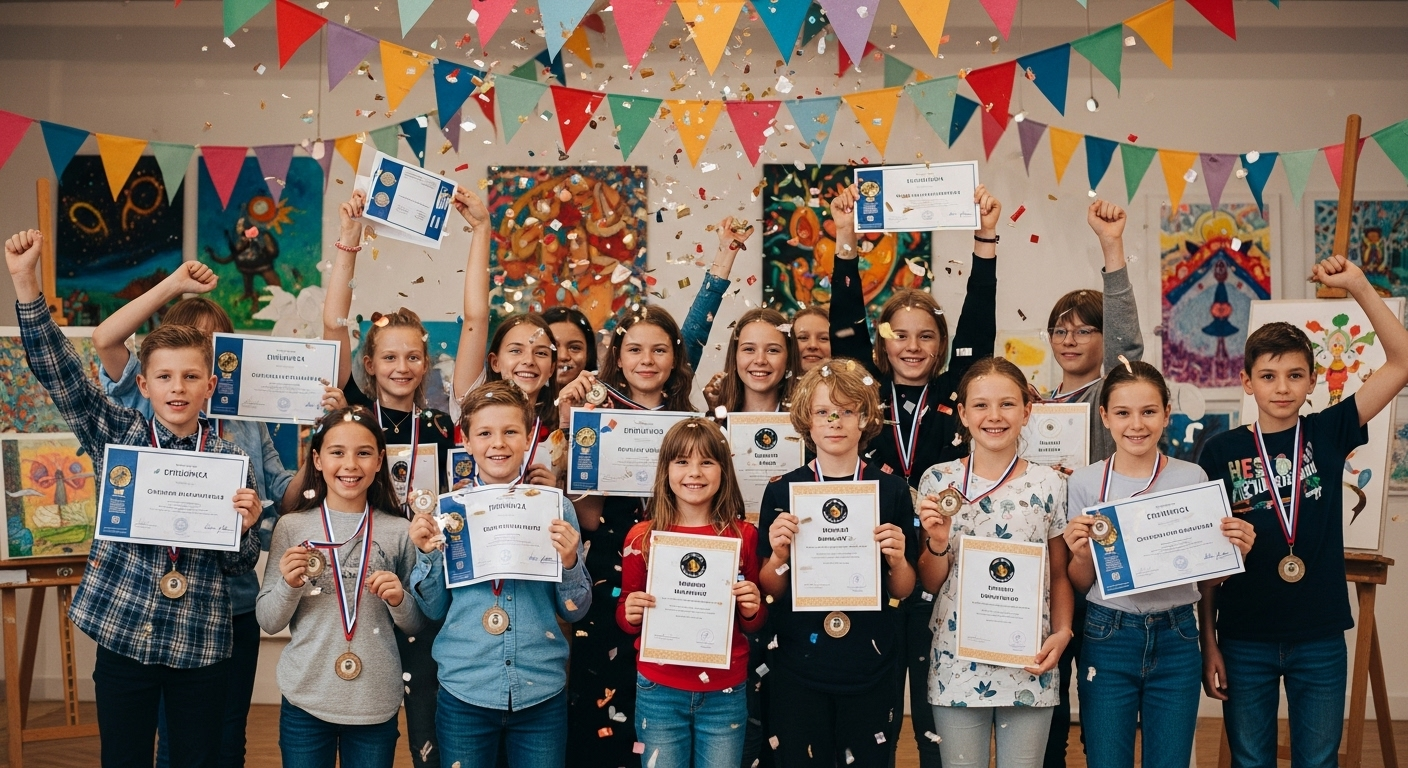 Children celebrating world record achievements with medals and certificates