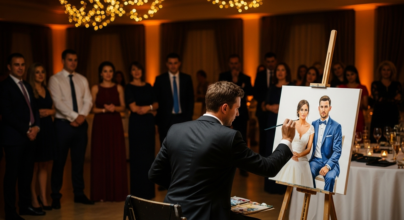 Live painting at wedding event with guests watching